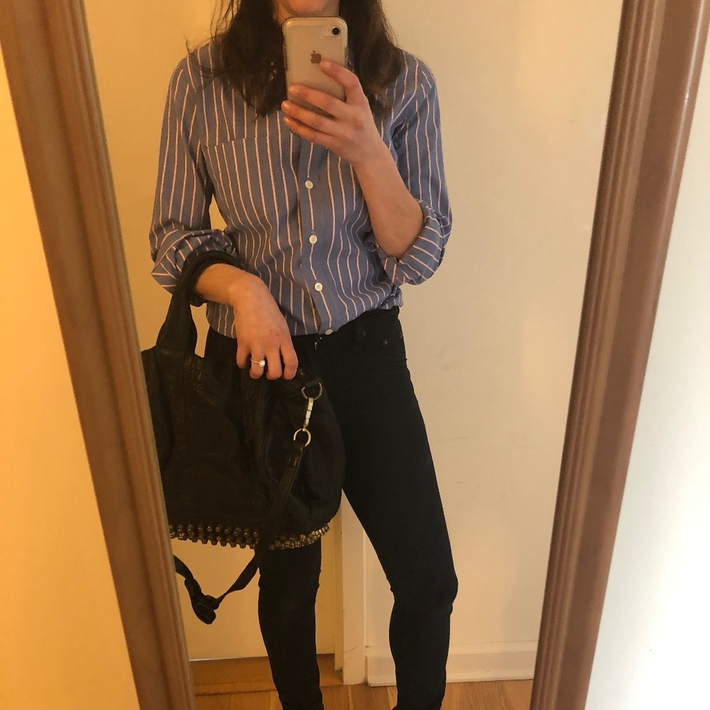 J Crew Blue With Pink Stripe Button Down Blouse